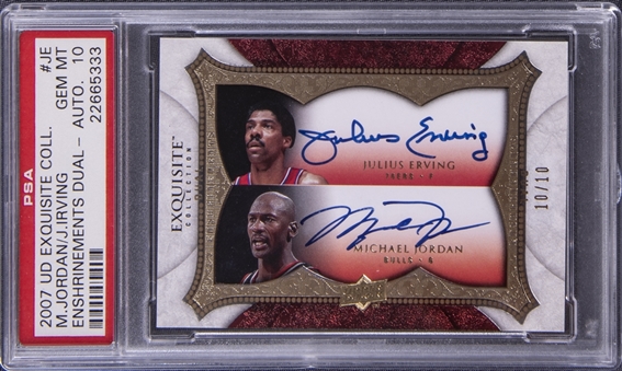 2007-08 UD "Exquisite Collection" Enshrinements Dual - Autograph #DEN-JE Michael Jordan/Julius Erving Dual Signed Card (#10/10) – PSA GEM MT 10 "1 of 1!"